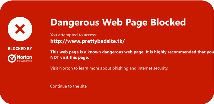 Изображение: опасная веб-страница заблокирована при помощи safe web.
